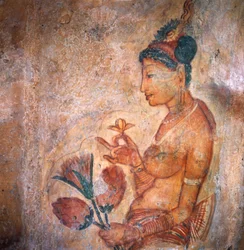 Apsaras, niebiańska nimfa oferująca kwiaty, fresk, ufortyfikowana cytadela Sigiriya (Lista Światowego Dziedzictwa UNESCO