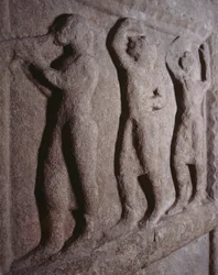 Muzycy, fragment ze steli pogrzebowej Pontassieve, Toskania, Włochy, cywilizacja etruska, V wiek p.n.e.