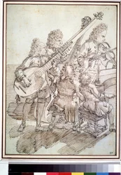 "Koncert" Karykatura przedstawiająca koncert pięciu muzyków (kwintetu) grających na lutni, skrzypcach, fortepianie, wiolonczeli. Rysunek piórem i tuszem Pier Leone Ghezzi (1674-1755) XVIII-wieczne Muzeum Puszkina, Moskwa
