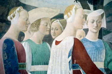 Fragment z Legendy o prawdziwym krzyżu ukazujący adorację drewna i spotkanie królowej Saby i króla Salomona, autorstwa Piero della Francesca