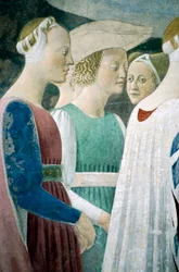 Fragment z Legendy o prawdziwym krzyżu ukazujący adorację drewna i spotkanie królowej Saby i króla Salomona, autorstwa Piero della Francesca