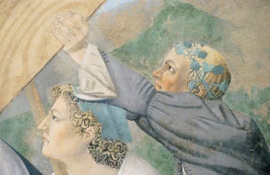 Fragment z Legendy o prawdziwym krzyżu przedstawiający transport Świętego Drewna, autorstwa Piero della Francesca