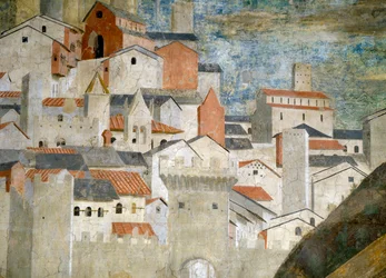 Fragment Królowej Saby adorującej most z drewna Prawdziwego Krzyża, Jerozolima, ukończony fragment fresku z 1464 r. z 55432
