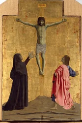 Poliptyk Misericorde: Dziewica Misericorde, otoczona świętymi. Detal przedstawiający ukrzyżowanie z napisem „INRI” na krzyżu Obraz na drewnie Piero della Francesca (1415/20-1492) 1445-1460 Wym. 81x52,5 cm Sansepolcro, Pinakoteka C