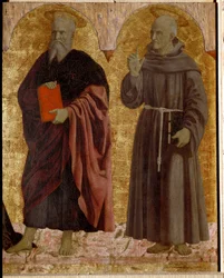 Poliptyk Misericorde: Dziewica Misericorde, otoczona świętymi. Szczegół przedstawiający św. Andrzeja i św. Bernardyna ze Sieny (Bernardino da Siena lub Bernardino degli Albizzeschi