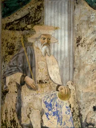 Portret Sigismondo Pandolfo Malatesta (1417-1468) w modlitwie przed San Sigismondo (Sigismondo). Szczegół świętego. Fresk Pietro di Benedetto dei Franceschi dit Piero della Francesca (1422-1492)
