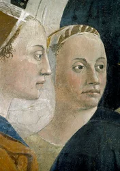 Legenda o Krzyżu Prawdziwym, Potwierdzenie Krzyża Prawdziwego, szczegół towarzyszących, ukończony fresk z 1464 r.