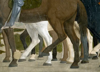 Legenda o prawdziwym krzyżu, zwycięstwo Konstantyna w bitwie pod mostem Mulwijskim, fragment kopyt konia, ukończony fresk z 1464 r.