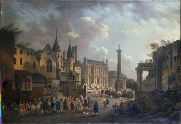 Pokaz jarmarczny na wyimaginowanym skrzyżowaniu w Paryżu, ok. 1770 r. (olej na płótnie)