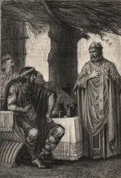 Święty Gregoire z Tours (538-594) (Grzegorz z Tours) przeciwstawiający się Chilperykowi I (539-584), królowi Franków z dynastii Merowingów - rycina autorstwa Pierre