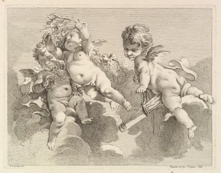 Trzy miłości, jedna trzyma kołczan, druga, winogrona, 1727-60.