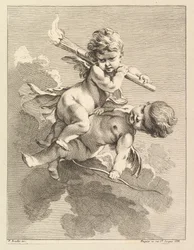 Dwa amorki, jeden niosący pochodnię, drugi łuk, 1727-60.