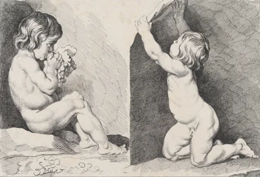 Dwoje nagich dzieci jedzących winogrona, z New Book of Children, 1720-60.
