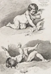 Dwoje nagich dzieci bawiących się liściem, z Nowej księgi dzieci, 1720-60