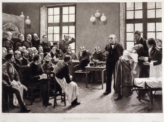 Wykład kliniczny dr. Charcota w Salpêtrière w 1887 roku. Studenci z oddziału profesora Jeana Martina Charcota, który wyjaśnia przypadek Blanche Wittman, swojej pacjentki i preferowanego obiektu badań nad histerią. Był asystentem Jo