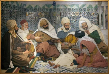 Egzorcyzmy: arabscy muzycy wypędzający dżiny z ciała dziecka. Obraz Andre Brouilleta (1857-1914), olej na płótnie