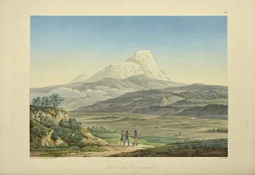 Widok Cajambe, wygrawerowany przez Bouquet, ilustracja z „Widoki Kordylierów i pomników rdzennych ludów Ameryki” autorstwa Alexandra von Humboldta i Aime Bonpland