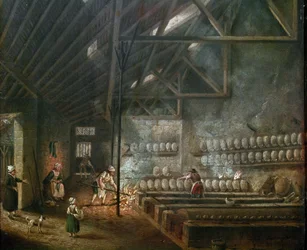 Wnętrze warsztatu garncarskiego (lub dmuchawy szkła) - Obraz Pierre Antoine Demachy (1723-1807), detal - XIX wiek - Olej na drewnie - Wymiary: 39 x 31 cm - Paryż, Musee Carnavalet