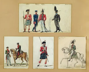 Mundury szkockich żołnierzy oraz oficerów pruskich, angielskich, hanowerskich i rosyjskich w 1814 r.