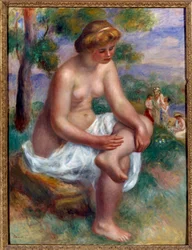 Kąpiący się siedzący w krajobrazie zwanym Eurydice Malarstwo autorstwa Pierre Auguste Renoir