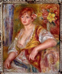 Blondynka ma różę. Portret Andree Madeleine Heuschling (1900-1979) o pseudonimie „Dedee”, komiczki znanej jako Catherine Hessling (wyszła za Jeana Renoira w 1920 r.). Obraz Pierre Auguste Renoir (1841-1919), ok. 1915. Olej na płótnie. Francuski Impresso
