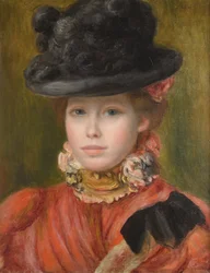 Dziewczyna w czarnym kapeluszu z czerwonymi kwiatami, około 1890