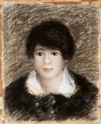 Młoda kobieta, widok twarzy w czarnej sukience z białym kołnierzykiem. Rysunek autorstwa Pierre Auguste (Pierre-Auguste) Renoir (1841-1919)