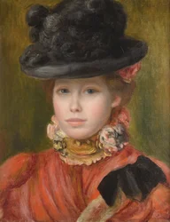Młoda dziewczyna w czarnym kapeluszu z czerwonymi kwiatami, Pierre Auguste Renoir (1841-1919), ok. 1890 - Kolekcja prywatna