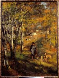 Jules Lecoeur i jego psy w lesie Fontainebleau. Obraz Pierre Auguste Renoir (1841-1919)