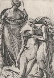 Gabinet wspierający słabnącą personifikację Rzeźby, stojącą obok nich, Fran..., 1607-61.