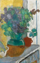 Francuski: Lilas mauve dans un vase de terre jaune et vert