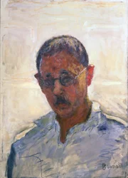 Autoportret na białym tle z rozpiętą koszulą (olej na płótnie)