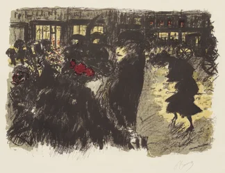 Niektóre aspekty życia w Paryżu, 7: Plac wieczorem, ok. 1898 (lito w kolorze żółtym, czerwonym, fioletowym, zielonkawoszarym na papierze tkanym)