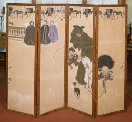 Nianie na spacer lub fryz z Hackney Carriages, parawan składany w 4 panelach, 1899 (kolorowe nadruki na drewnianym ekranie)