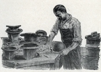 Kapelusznik: zaciskanie krawędzi melonika (robienie melonika) Rycina zaczerpnięta z „Excursion a travers les metiers” autorstwa Pierre Calmette Private Collection