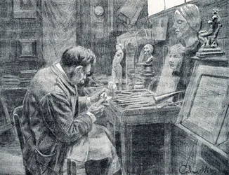 Pracownik kości słoniowej rzeźbiący kość słoniową za pomocą dłut, skrobaków i żłobień Rycina z „Excursion a travers les metiers” autorstwa Pierre Calmette Private Collection