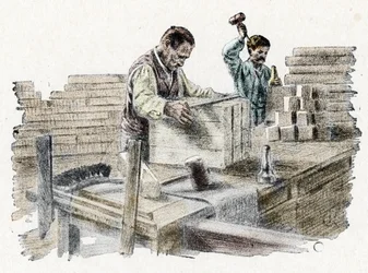 Savonnerie: le découpage des breads de soap (produkcja kostek mydła) Rycina z „Wycieczki przez zawody” autorstwa Pierre