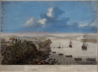 Widok miejsca lądowania nad miastem Quebec opisujący szturm... na Hauteurs DE Abraham 13 września 1759, ok. 1760