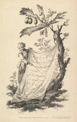 Strona tytułowa: uśmiechnięty mężczyzna trzyma róg szmatki przywiązanej do drzewa figowego i wskazuje s..., 1759.