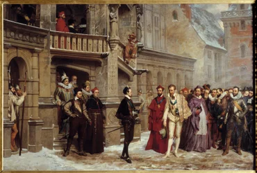 Spotkanie Henryka III króla Francji (1551 - 1589) i Henryka I Lotaryngii, księcia Guise zwanego Balafre