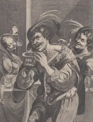 Mężczyzna pijący zupę, podczas gdy dwie osoby go obserwują, 1624-75.