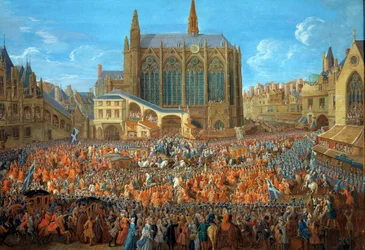 Król Ludwik XV (1710-1774) opuszcza łoże sprawiedliwości w Palais de Justice w Paryżu dnia 12.09.1715 La Sainte Chapelle est visible - Malowanie a la gwasz Pierre