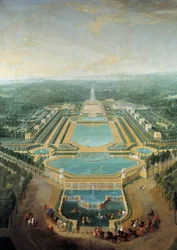 Widok perspektywiczny zamku Marly, króla Ludwika XV (1710-1774) dziecko w powozie przejeżdża przed poidłem Obraz Pierre