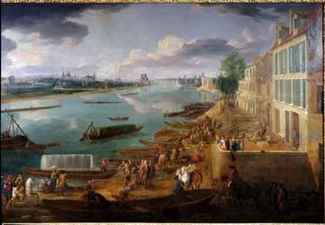 Widok na Paryż, zaczerpnięty z Quai de la Rapee w 1716 r. Szczegóły łodzi na Sekwanie i aktywności. Obraz Pierre