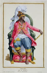 Amar, król Ouidah, z "Receuil des Estampes, representant les Rangs et les Dignites, suivant le Costume de toutes les Nations existantes", opublikowanego w 1780 r. (ręcznie kolorowana rycina)