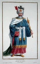 Cesarz Kaugun z „Zbioru Grafiki przedstawiającej szeregi i godności według stroju wszystkich istniejących narodów”, wydanej w 1780 r. (rycina ręcznie kolorowana)