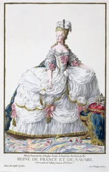 Marie Antoinette (1752-93) z „Receuil des Estampes, reprezentujący szeregi i godności, według stroju wszystkich istniejących narodów”, wydana w 1780 r. (rycina ręcznie kolorowana)