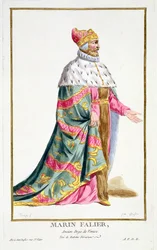 Marino Falier (1274-1355) doża Wenecji z "Receuil des Estampes, Representant les Rangs et les Dignites, suivant le Costume de toutes les Nations existantes", opublikowanego w 1780 r. (ręcznie kolorowana rycina).