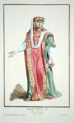 Filip I (1478-1506), król Kastylii, z dzieła „Recueil des Estampes, représentant les Rangs et les Dignités, suivant le Costume de toutes les Nations existantes“, wydano w 1780
