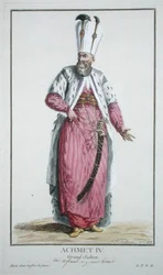Sułtan Achmet IV (r.1603-17) z „Receuil des Estampes, reprezentujący szeregi i godności, według stroju wszystkich istniejących narodów”, wydanej w 1780 r. (rycina ręcznie kolorowana)